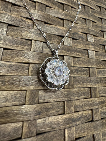 Silver Spinning Dahlia Blossom Necklace with Cubic Zirconia – Anxiety Relief Jewelry