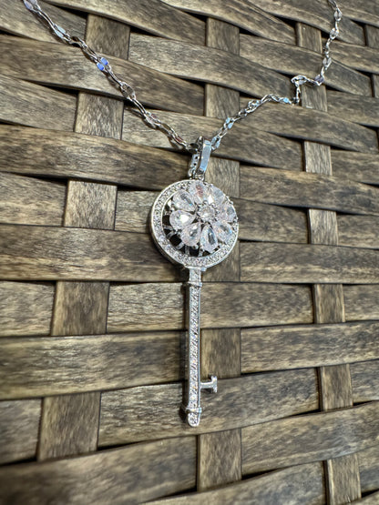 Silver Spinning Key-Shape (Type #3) Necklace with Cubic Zirconia – Anxiety Relief Jewelry (Copy)