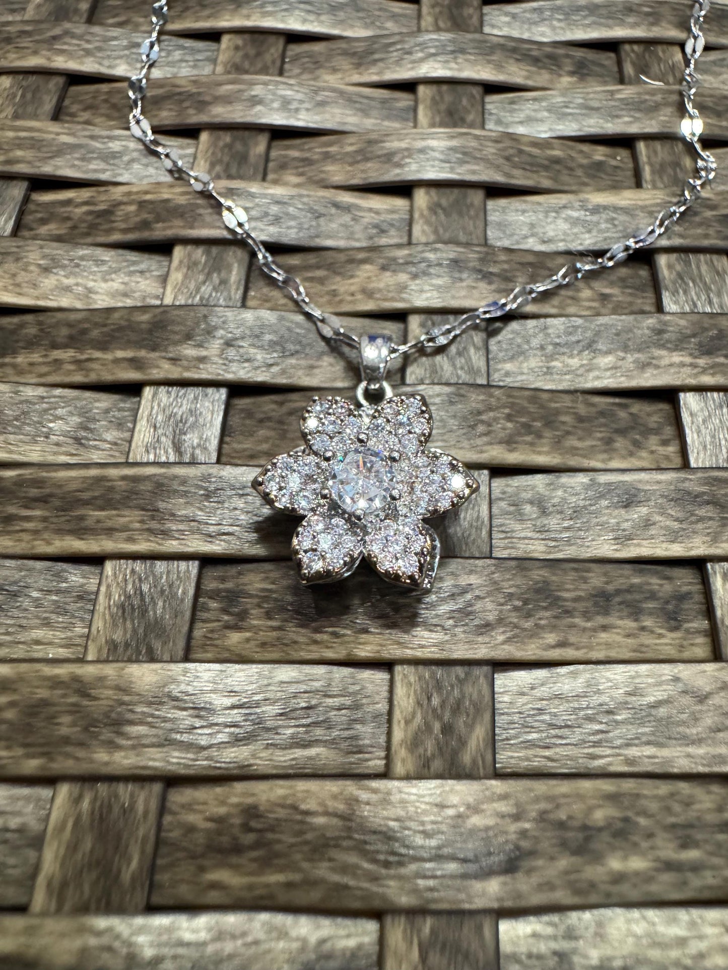 Silver Spinning Lily Blossom Necklace with Cubic Zirconia – Anxiety Relief Jewelry