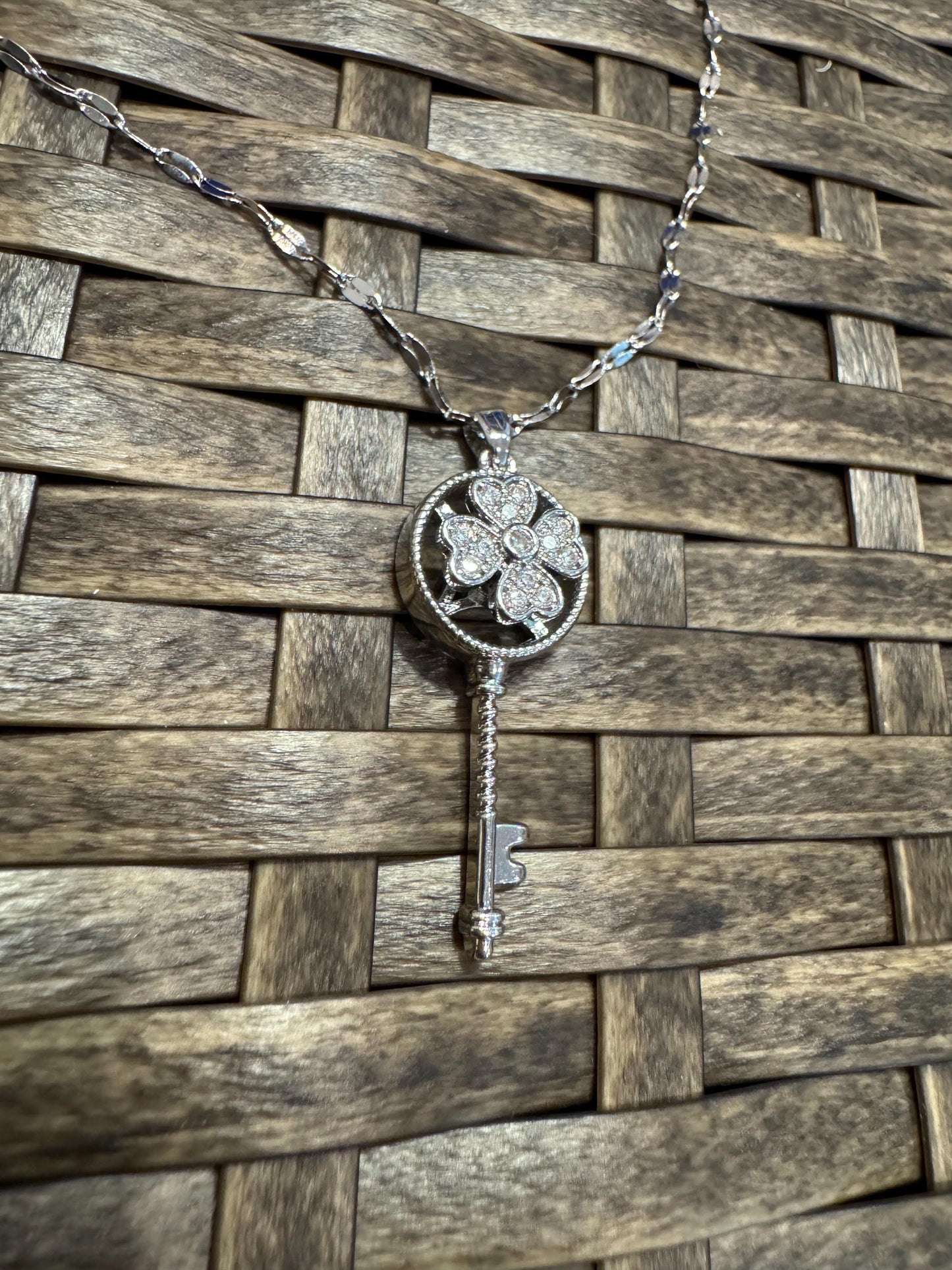 Silver Spinning Key-Shape (Type #2) Necklace with Cubic Zirconia – Anxiety Relief Jewelry