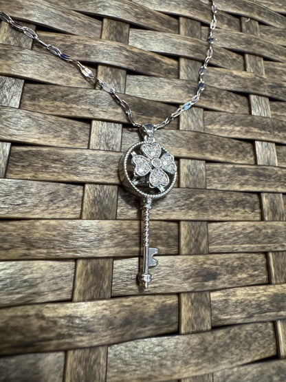 Silver Spinning Key-Shape (Type #2) Necklace with Cubic Zirconia – Anxiety Relief Jewelry