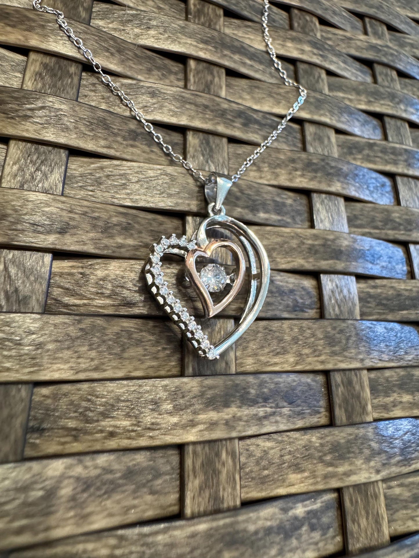 Sterling Silver Double Heart Pendant Necklace with Cubic Zirconia Center – Romantic Gift for Her