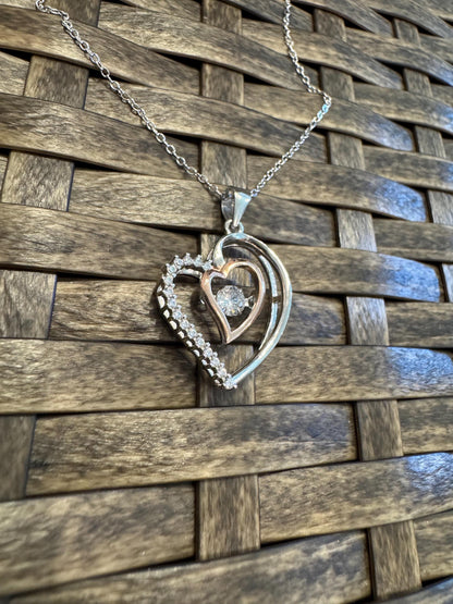 Sterling Silver Double Heart Pendant Necklace with Cubic Zirconia Center – Romantic Gift for Her