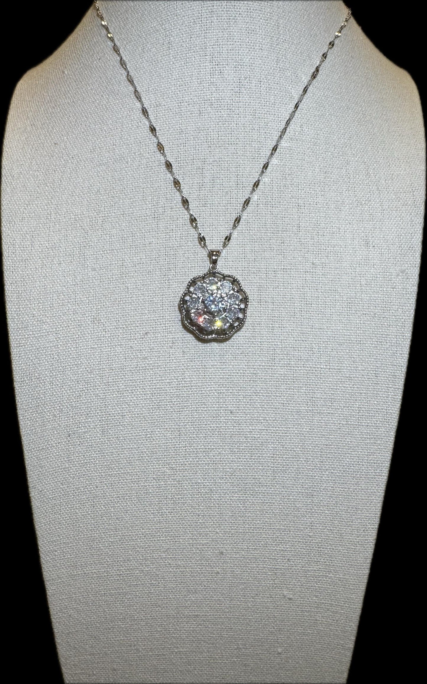 Silver Spinning Dahlia Blossom Necklace with Cubic Zirconia – Anxiety Relief Jewelry