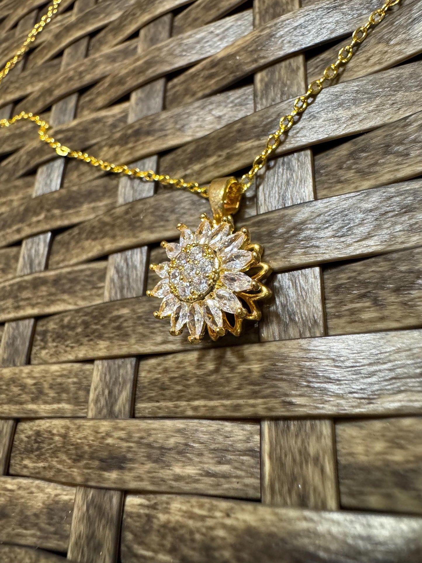 Gold Spinning Sunflower (Type #1) Necklace with Cubic Zirconia – Anxiety Relief Jewelry