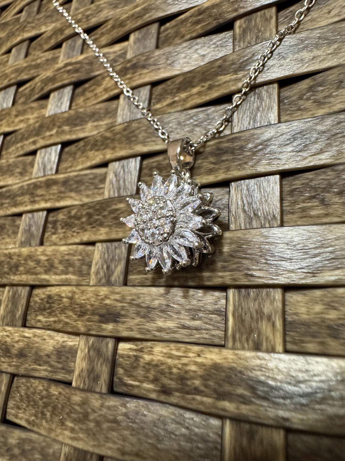 Silver Spinning Sunflower (Type #1) Necklace with Cubic Zirconia – Anxiety Relief Jewelry