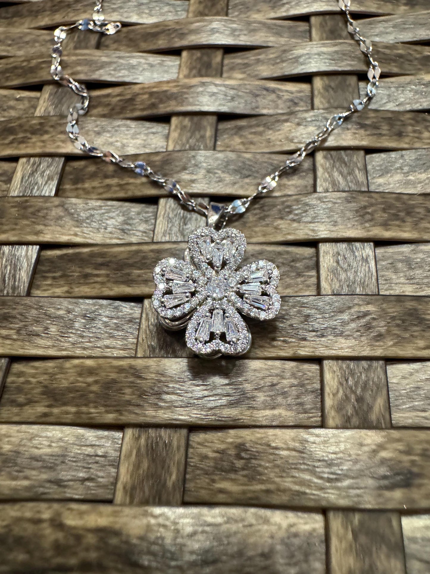 Silver Spinning Clover Necklace with Cubic Zirconia – Anxiety Relief Jewelry