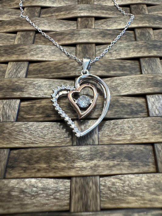 Sterling Silver Double Heart Pendant Necklace with Cubic Zirconia Center – Romantic Gift for Her