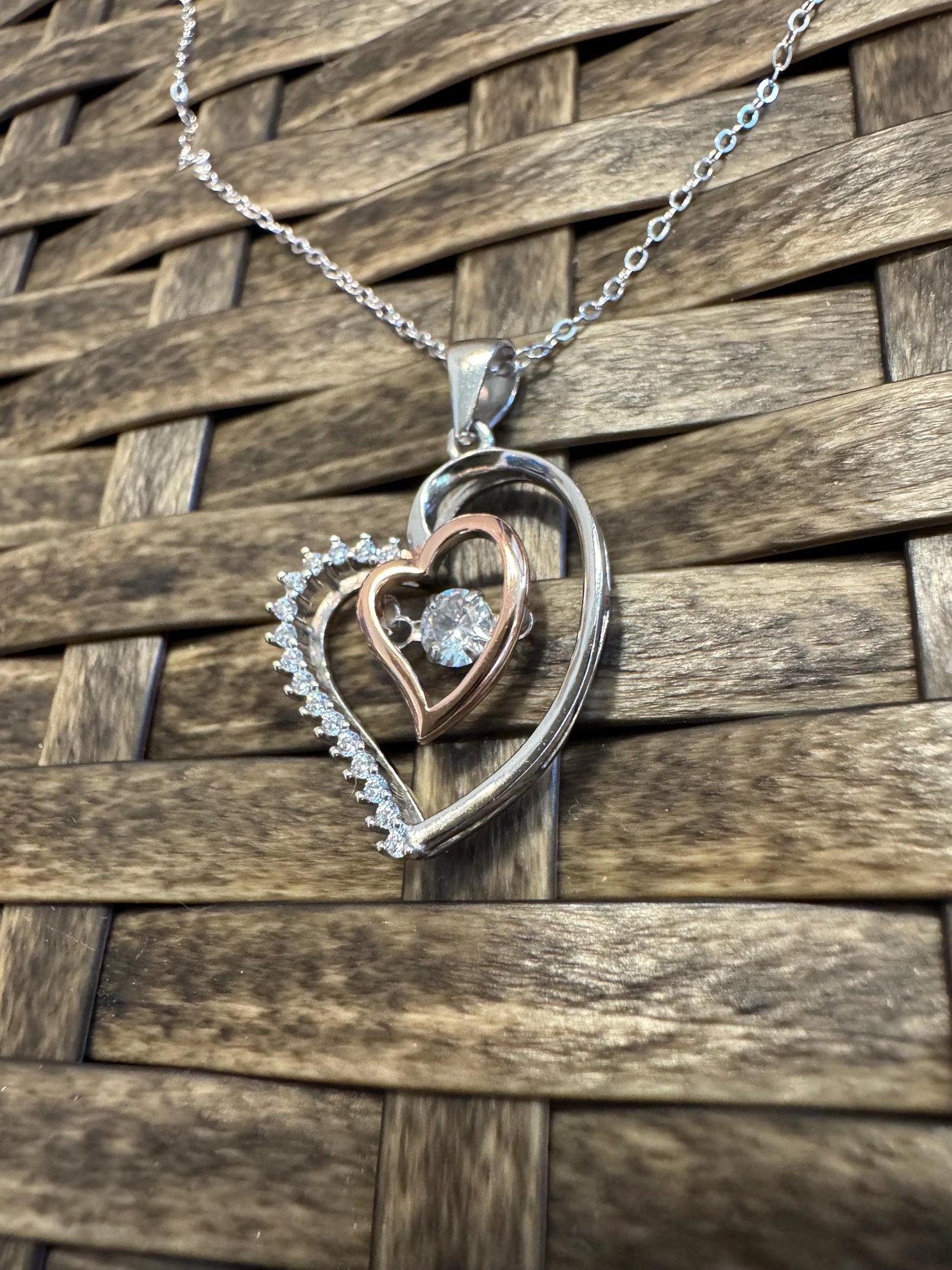 Sterling Silver Double Heart Pendant Necklace with Cubic Zirconia Center – Romantic Gift for Her
