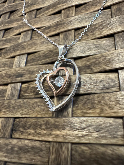 Sterling Silver Double Heart Pendant Necklace with Cubic Zirconia Center – Romantic Gift for Her