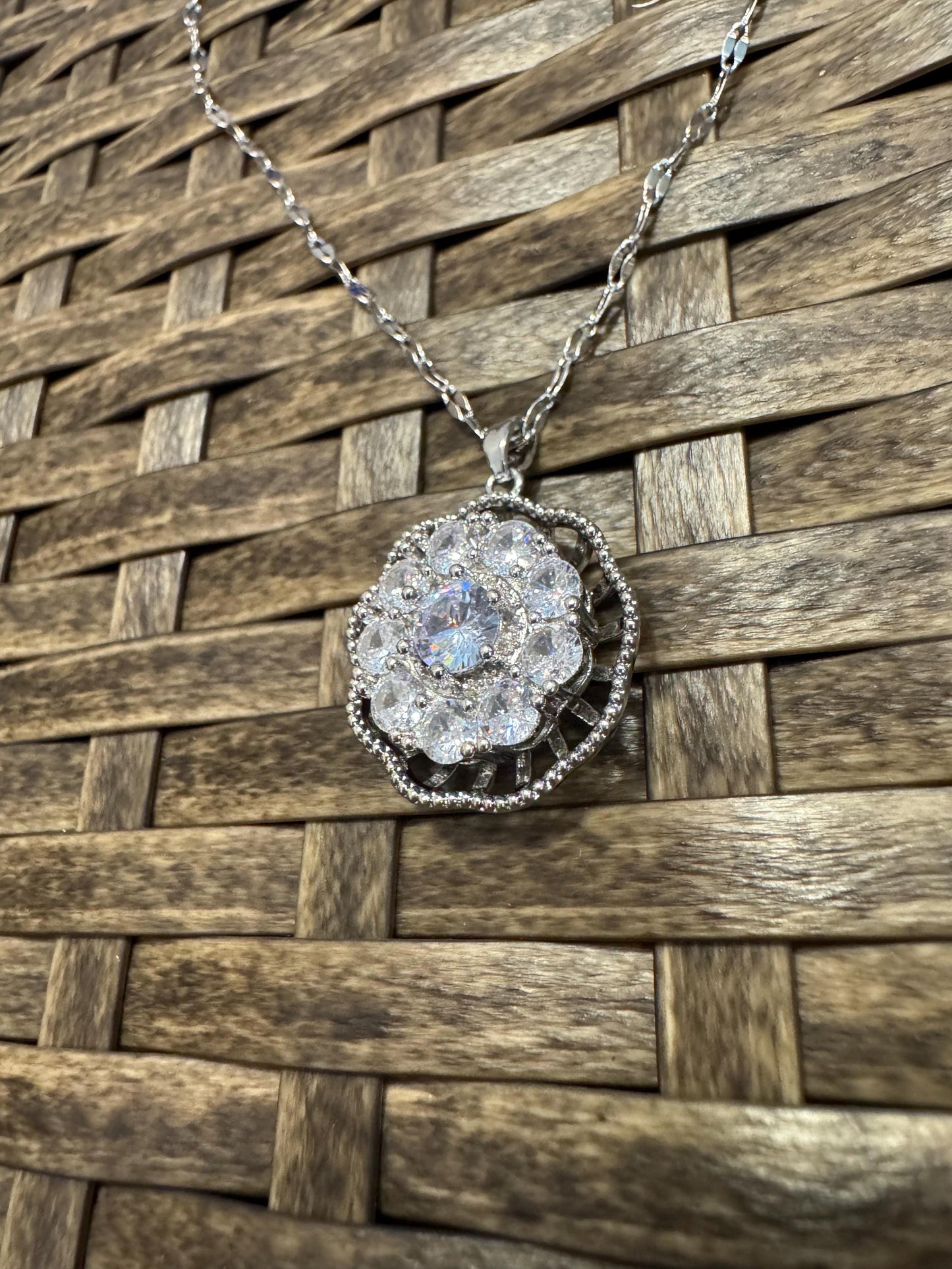 Silver Spinning Dahlia Blossom Necklace with Cubic Zirconia – Anxiety Relief Jewelry