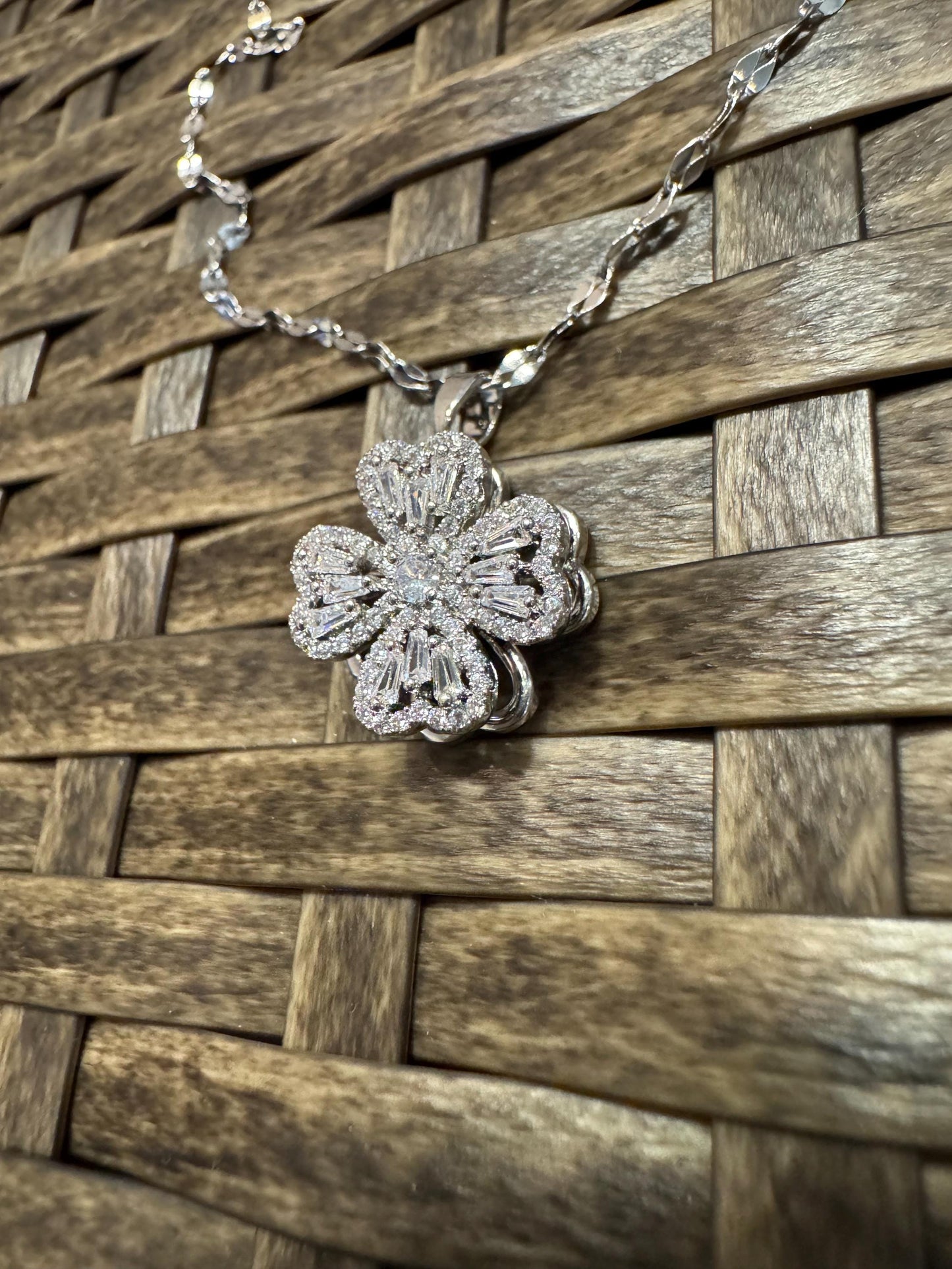 Silver Spinning Clover Necklace with Cubic Zirconia – Anxiety Relief Jewelry
