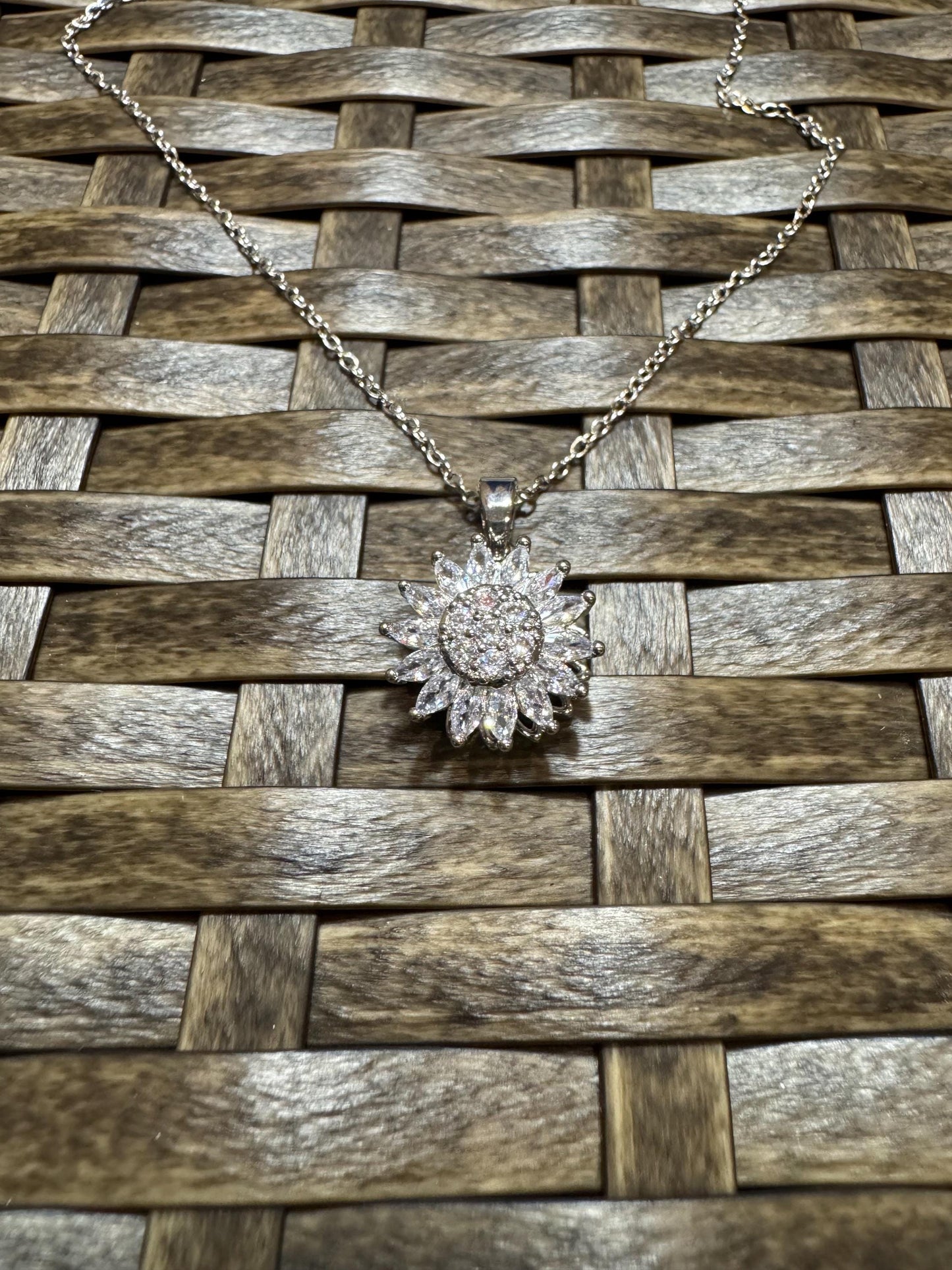 Silver Spinning Sunflower (Type #1) Necklace with Cubic Zirconia – Anxiety Relief Jewelry