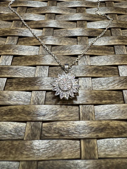 Silver Spinning Sunflower (Type #1) Necklace with Cubic Zirconia – Anxiety Relief Jewelry