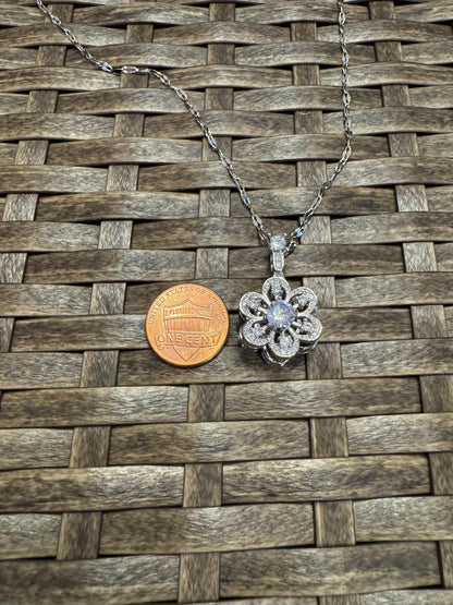 Silver Spinning Flower Charm Necklace with Cubic Zirconia – Anxiety Relief Jewelry