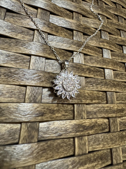 Silver Spinning Sunflower (Type #1) Necklace with Cubic Zirconia – Anxiety Relief Jewelry