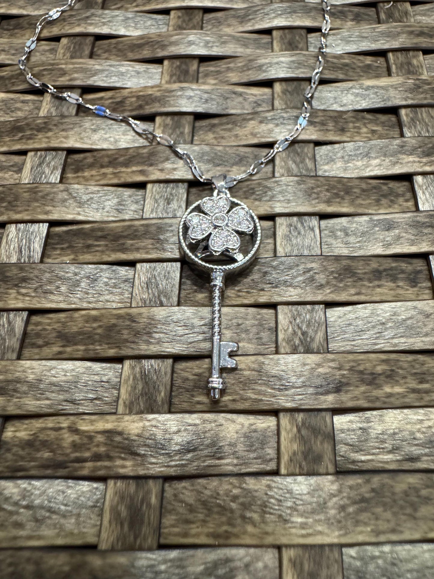 Silver Spinning Key-Shape (Type #2) Necklace with Cubic Zirconia – Anxiety Relief Jewelry