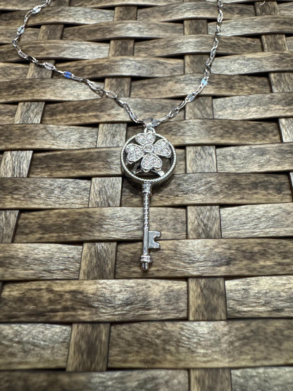 Silver Spinning Key-Shape (Type #2) Necklace with Cubic Zirconia – Anxiety Relief Jewelry