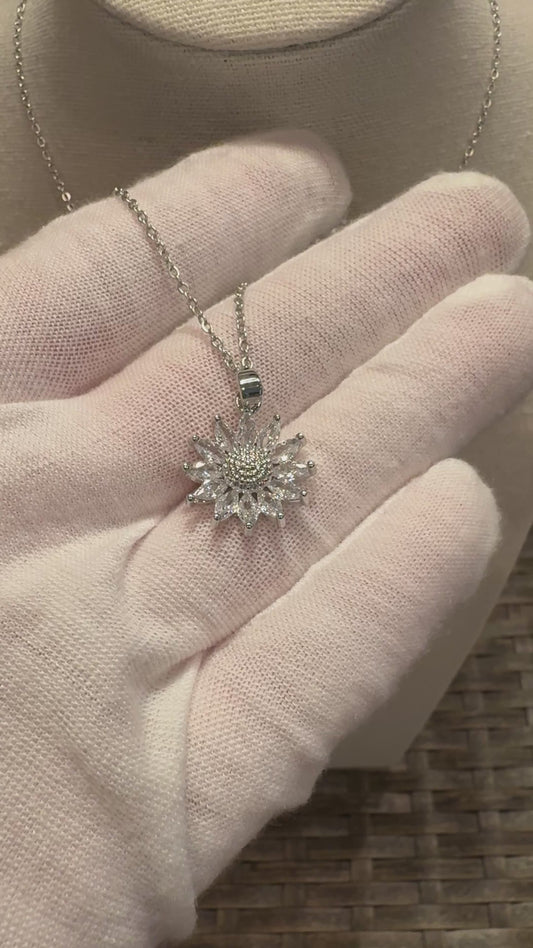 Dainty Silver Sunflower Necklace with Cubic Zirconia – Minimalist Floral Pendant Gift