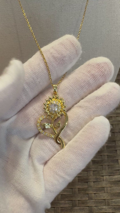 Gold Spinning Sunflower (Type #5) Necklace with Cubic Zirconia – Anxiety Relief Jewelry