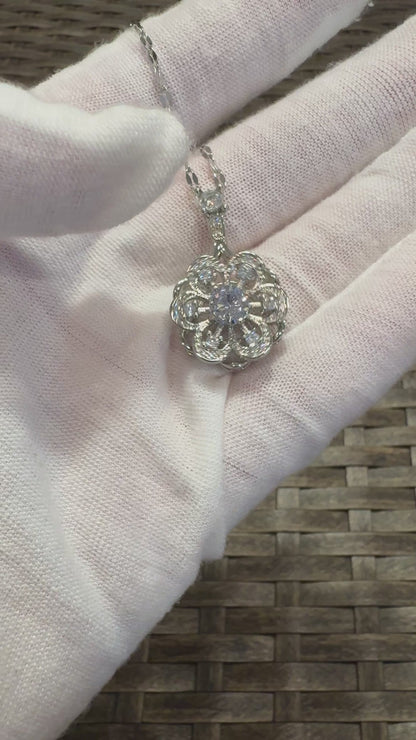 Silver Spinning Flower Charm Necklace with Cubic Zirconia – Anxiety Relief Jewelry