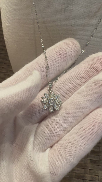 Silver Spinning Avens Bloom Necklace with Cubic Zirconia – Anxiety Relief Jewelry