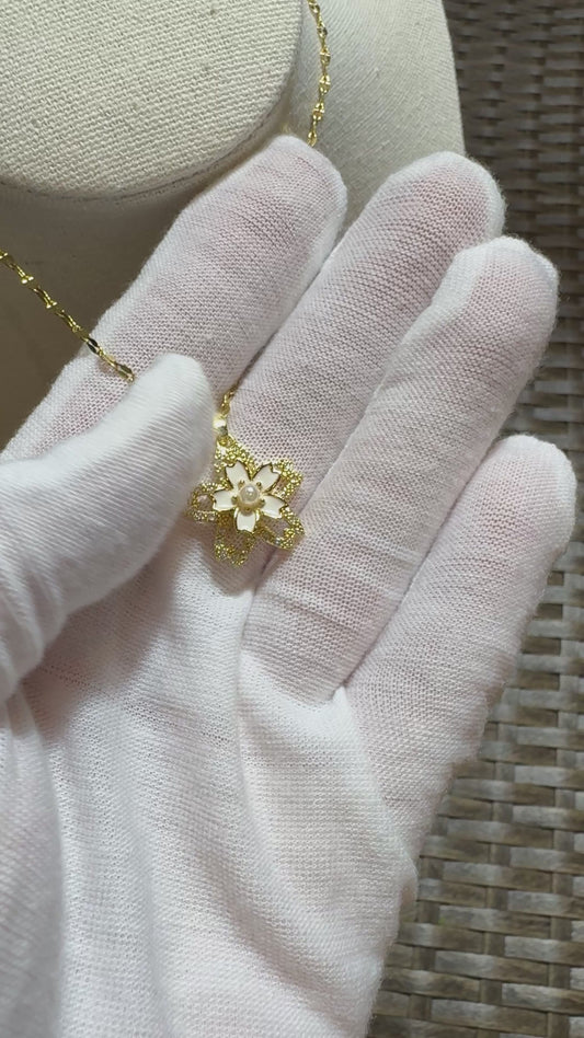 Gold Spinning Cherry Blossom Necklace with Cubic Zirconia – Anxiety Relief Jewelry