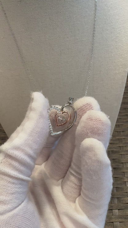 Sterling Silver Double Heart Pendant Necklace with Cubic Zirconia Center – Romantic Gift for Her